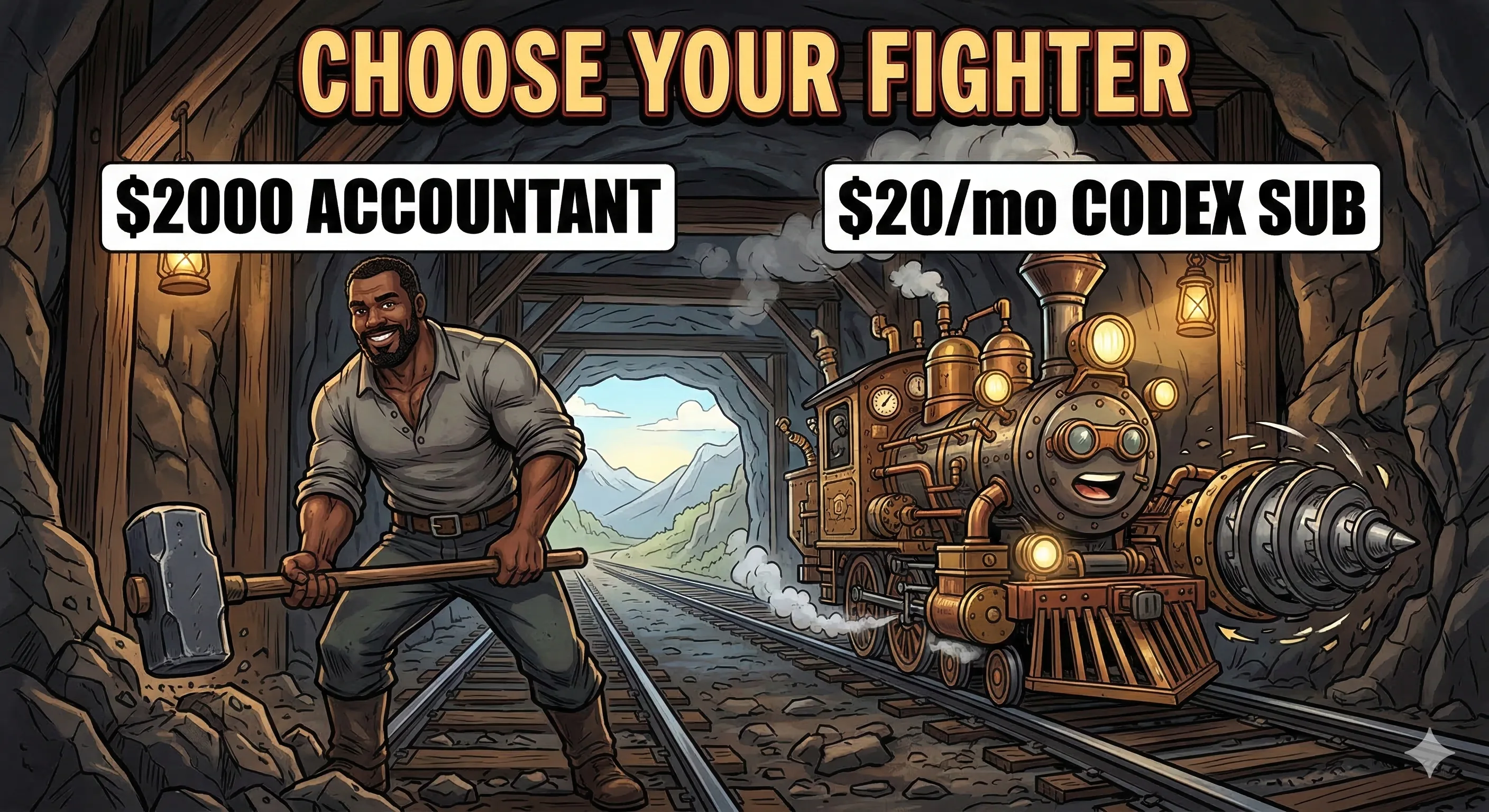 Illustration of John Henry facing a steam engine, captioned '$2000 accountant' versus '$20/mo Codex sub'.